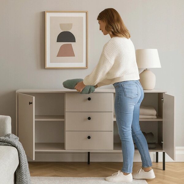 Kétajtós komód fiókokkal, 154 cm, kasmír színben, bordázott fronttal SOFT