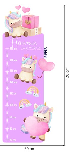 PIPPER. Textil falmatrica "Gyermek magasságmérő névvel - Unikornisok"