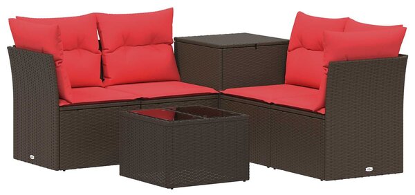 VidaXL Kanapé Szett 6 db Barna és Piros Poli rattan és acél