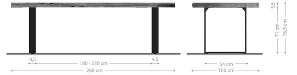 DELIFE Étkezőasztal Edge 260x100 XL akác platina rozsdamentes acél keskeny Live-Edge