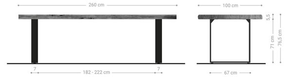 DELIFE Étkezőasztal Edge 260x100 XL akác platina fém keskeny fekete Live-Edge