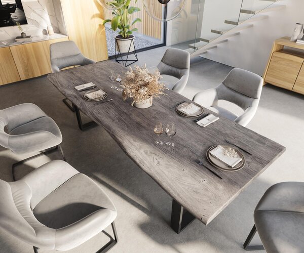 DELIFE Étkezőasztal Edge 260x100 XL akác platina fém keskeny fekete Live-Edge