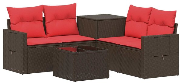 VidaXL Kanapé Szett 6 db Barna és Piros Poli rattan és acél