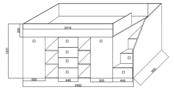 Kombinált gyerekágy 90 cm Kesa 3 (beton + wotan tölgy) (B)