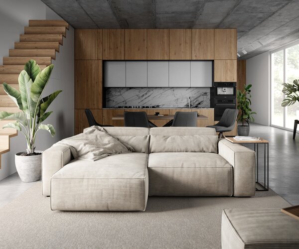 DELIFE Sarokkanapé Sirpio 230x155 cm kordbársony bézs rekamié változtatható puffal