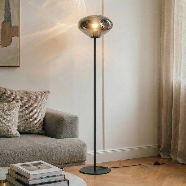 Lindby Lelia álló világítás, füstszürke, üveg, fém, 150 cm, Alu / szürke / cink, Nappali / Étkező, Üveg, Dizájn