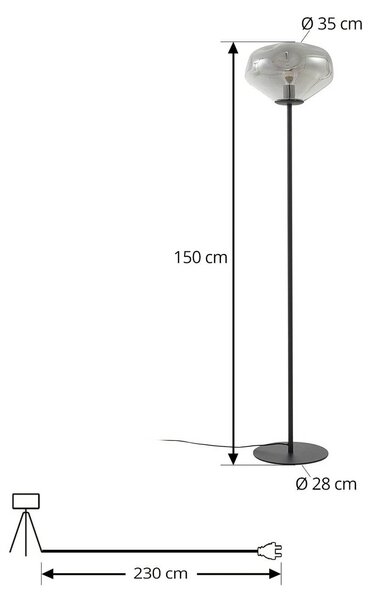 Lindby Lelia álló világítás, füstszürke, üveg, fém, 150 cm, Alu / szürke / cink, Nappali / Étkező, Üveg, Dizájn