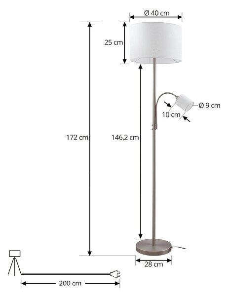 Lindby Jaileen álló világítás, fehér, textil, 170 cm, olvasólámpa, Fehér / opál, Nappali / Étkező, fém, Modern