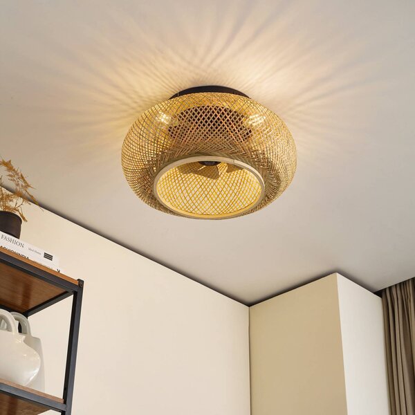 Lucande mennyezeti ventilátor világítással Cordie, DC, csendes, Ø 53 cm, dimmelhető, Világos fa, Nappali / Étkező, Bambusz, Vidéki otthon / Rusztikus