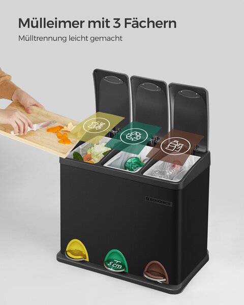 SONGMICS 3 rekeszes szelektív hulladékgyűjtő pedálos szemetes acél fekete 24 literes