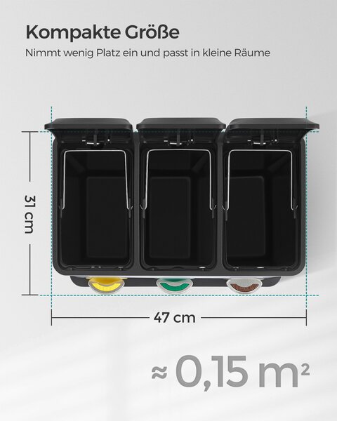 SONGMICS 3 rekeszes szelektív hulladékgyűjtő pedálos szemetes acél fekete 24 literes
