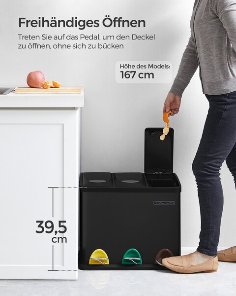 SONGMICS 3 rekeszes szelektív hulladékgyűjtő pedálos szemetes acél fekete 24 literes