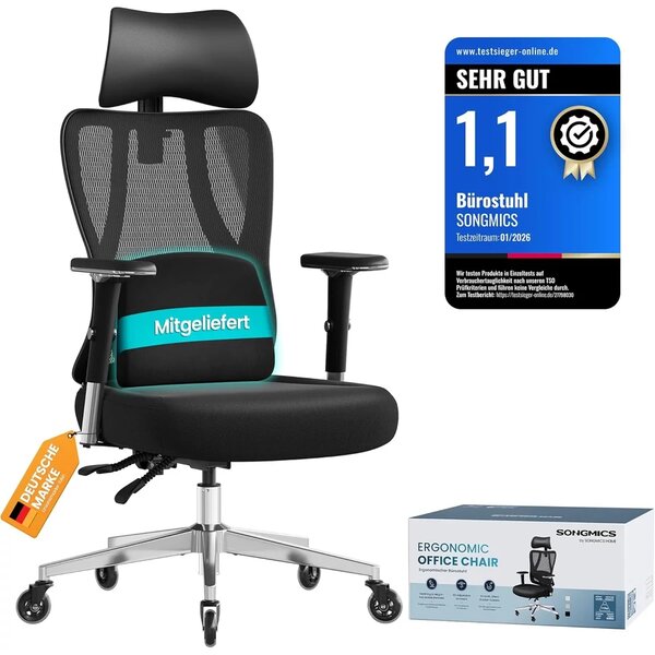 SONGMICS ergonomikus irodai szék állítható derék- és fejtámlával, max. 150 kg terhelhetőség, fekete