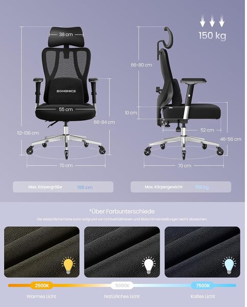 SONGMICS ergonomikus irodai szék állítható derék- és fejtámlával, max. 150 kg terhelhetőség, fekete