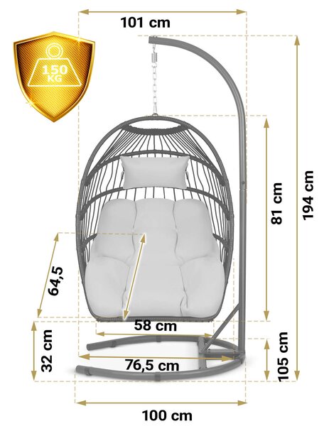 Sofotel Luisiana Kerti Függőfotel, szürke párnákkal - fekete
