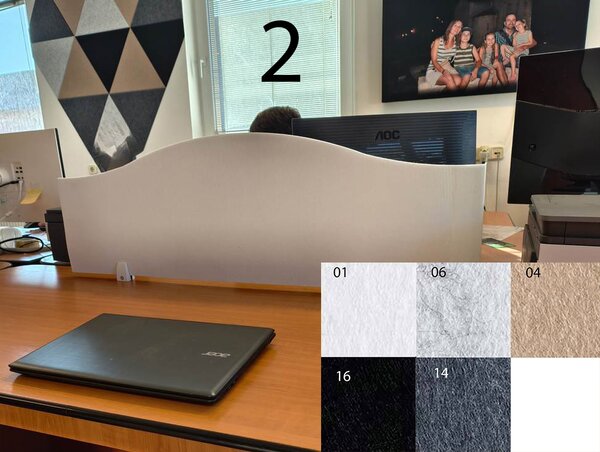 Bilnora asztal elválasztó hullámos akusztikai paraván 120x40x1.2cm - 2 mintájú - 1 fehér , 3 mintájú , L Clip