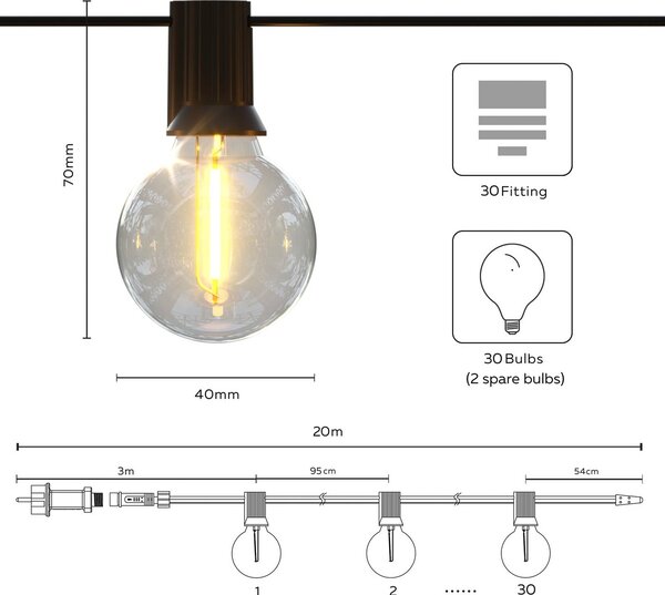 Calex Vista napelemes LED fényfüzér, hossza 20 méter, IP44, dimmelhető, Fekete, Műanyag