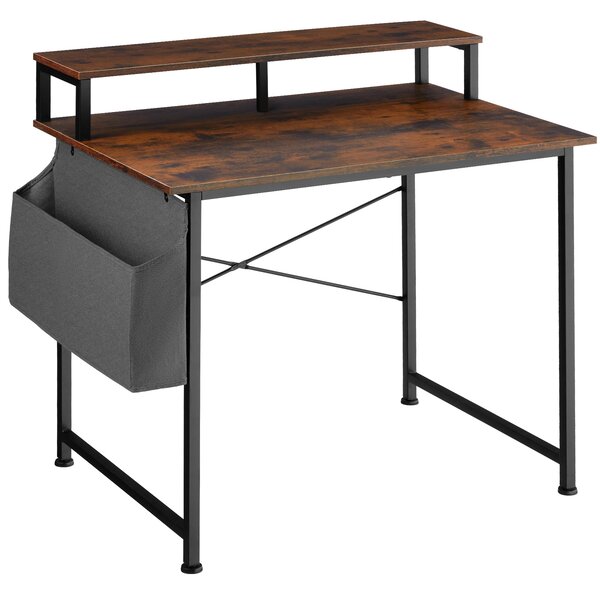 Tectake 404664 íróasztal polccal és szövet táskával - ipari sötét fa, rusztikus, 120 cm