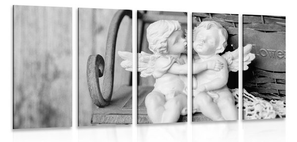 5-részes kép angyalka szobrok a lócán fekete fehérben