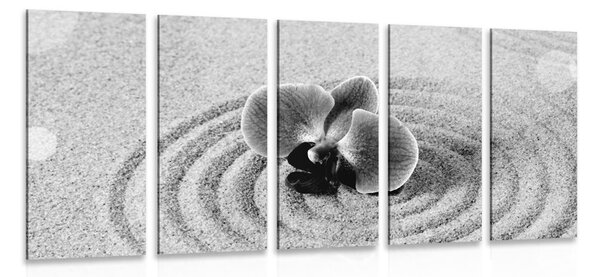 5-részes kép Zen homok kert orchideával fekete fehérben