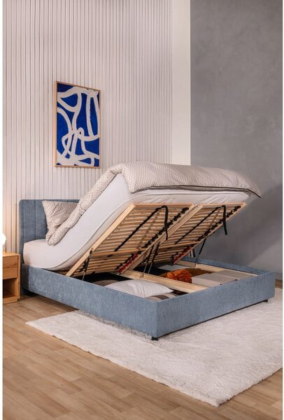 Kék kárpitozott ágyneműtartós franciaágy ágyráccsal 160x200 cm Myra Slim Line – Bonami Selection