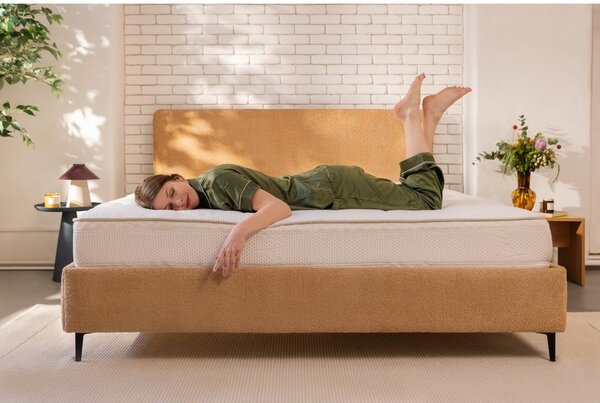 Mustársárga kárpitozott franciaágy ágyráccsal 160x200 cm Noira Slim – Bonami Selection