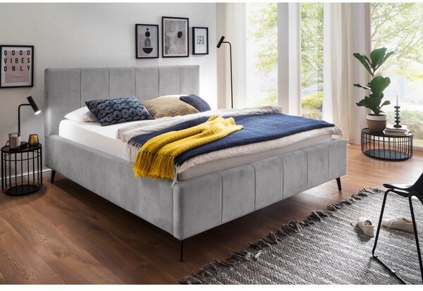 Világosszürke kárpitozott ágyneműtartós franciaágy ágyráccsal 180x200 cm Lizzano – Meise Möbel