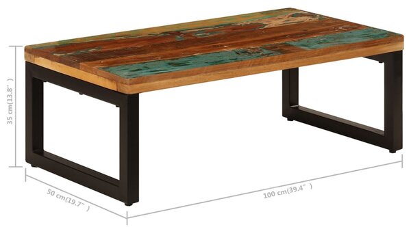 Tömör újrahasznosított fa és acél dohányzóasztal 100x50x35 cm