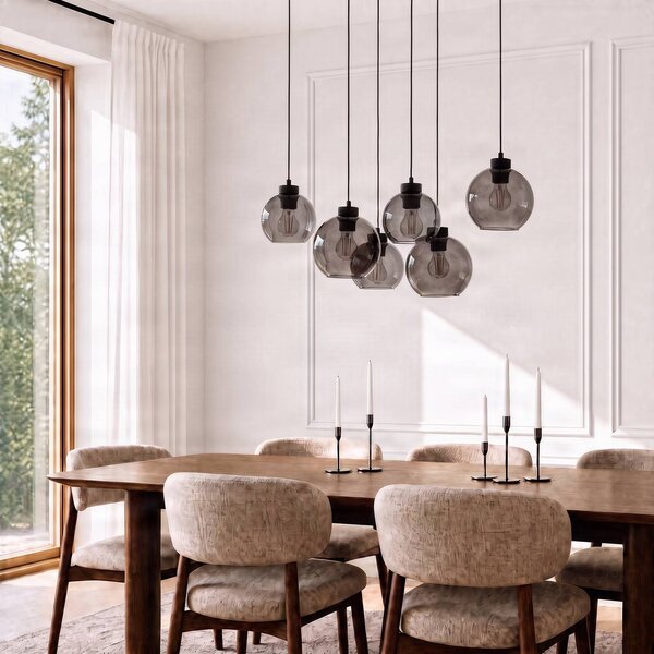 TK Lighting Cubus függőlámpa, füstszürke, üveg, 74 cm hosszú, 6 lámpás, dimmelhető, Fekete, Nappali / Étkező, Üveg, Modern