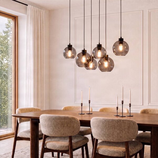 TK Lighting Cubus függőlámpa, füstszürke, üveg, 74 cm hosszú, 6 lámpás, dimmelhető, Fekete, Nappali / Étkező, Üveg, Modern