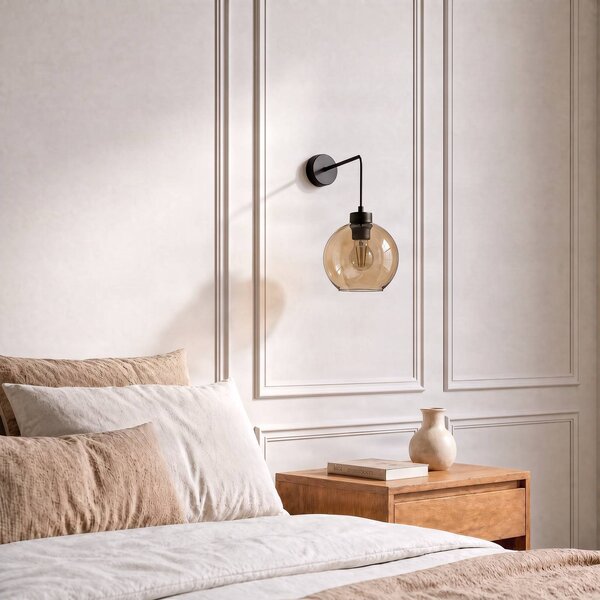 TK Lighting Cubus fali világítás, fekete/borostyán, üveg, Ø 18 cm, E27, dimmelhető, Tiszta / átlátszó, Nappali / Étkező, Üveg, Modern