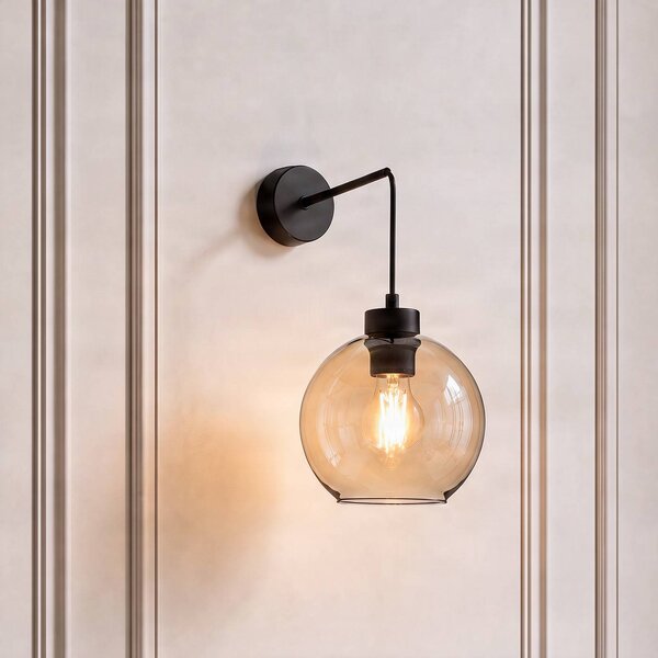 TK Lighting Cubus fali világítás, fekete/borostyán, üveg, Ø 18 cm, E27, dimmelhető, Tiszta / átlátszó, Nappali / Étkező, Üveg, Modern
