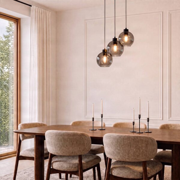 TK Lighting Cubus függőlámpa, Ø 50 cm, 3-lámpás, füstszürke, üveg, dimmelhető, Fekete, Nappali / Étkező, Üveg, Modern