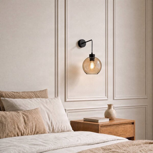 TK Lighting Cubus fali világítás, fekete/borostyán, üveg, Ø 18 cm, E27, dimmelhető, Tiszta / átlátszó, Nappali / Étkező, Üveg, Modern