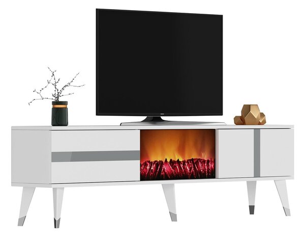 TV asztal/szekrény kandallóval Vekika 3 (fehér + ezüst)