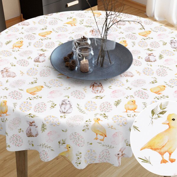Goldea húsvéti asztalterítő loneta - kisnyuszik és kiscsibék - kör alakú Ø 110 cm