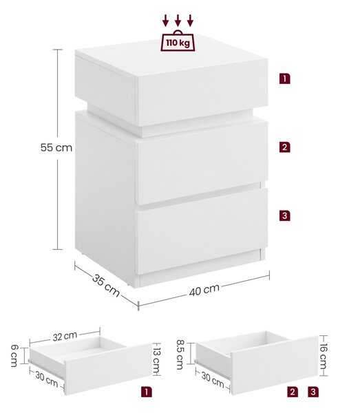 Set 2 buc. Noptiere Vasagle Alb 40x35x55 cm