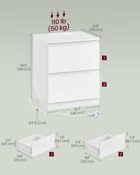 Set 2 buc. Noptiere Vasagle Alb 40x35x49 cm