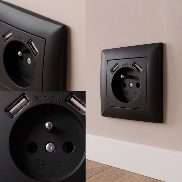 Egyszeres földelt aljzat + 2x USB-A OSTE JNH003-G Black