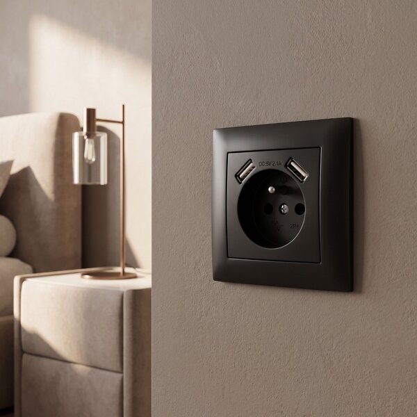 Egyszeres földelt aljzat + 2x USB-A OSTE JNH003-G Black