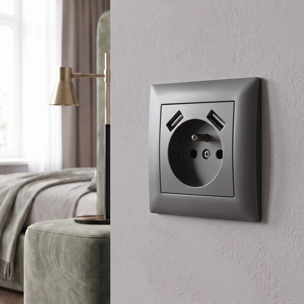 Egyszeres földelt aljzat + 2x USB-A OSTE JNH003-G Grey