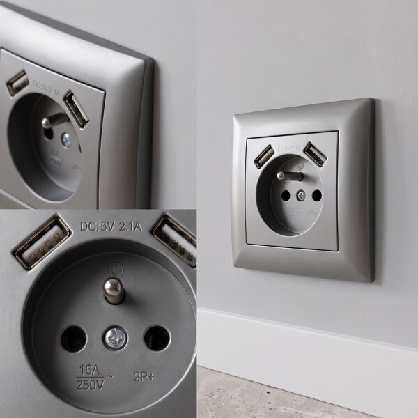 Egyszeres földelt aljzat + 2x USB-A OSTE JNH003-G Grey