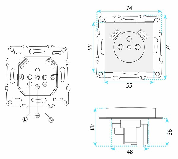 Egyszeres földelt aljzat + 2x USB-A OSTE JNH003-G Grey