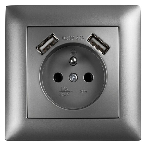 Egyszeres földelt aljzat + 2x USB-A OSTE JNH003-G Grey