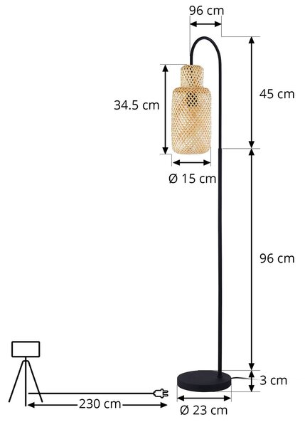 Lindby Venora állólámpa, 145 cm magas, bambusz, E27, Fekete, Nappali / Étkező, fém