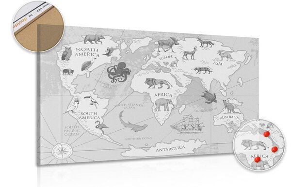 Parafakép fekete fehér világ térkép állatokkal - 120x80