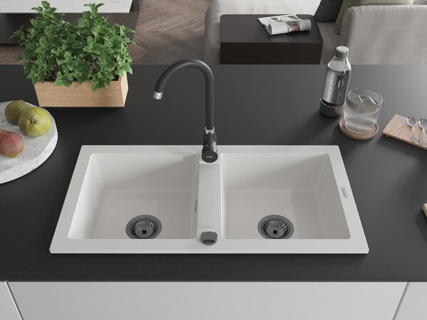 Mexen Mario, gránit mosogató 820x436x161 mm, 2 kamrás, fehér, fekete szifonnal, 6504822000-20-B