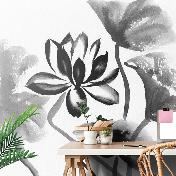 Öntapadó tapéta akvarell lótuszvirág fekete-fehérben