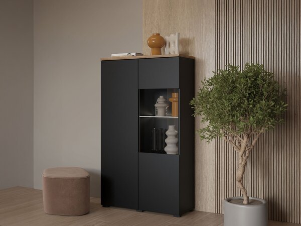 Könyvespolc Baletu 108, Ajtókkal, Zárt, Üveg, Laminált forgácslap, 140x80x35cm, Fekete, Tölgy