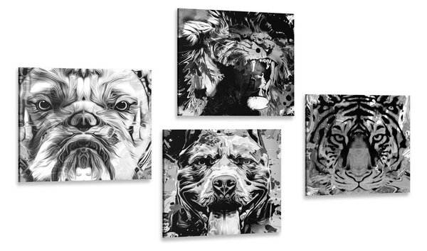 Képszett állatok fekete-fehér pop art stílusban - 4x 40x40